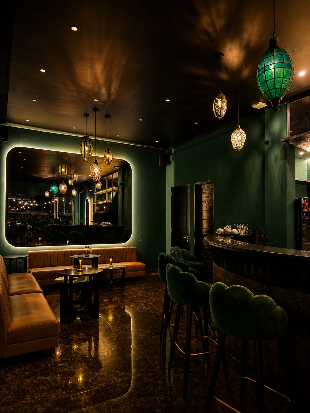 Green velvet seats in low light